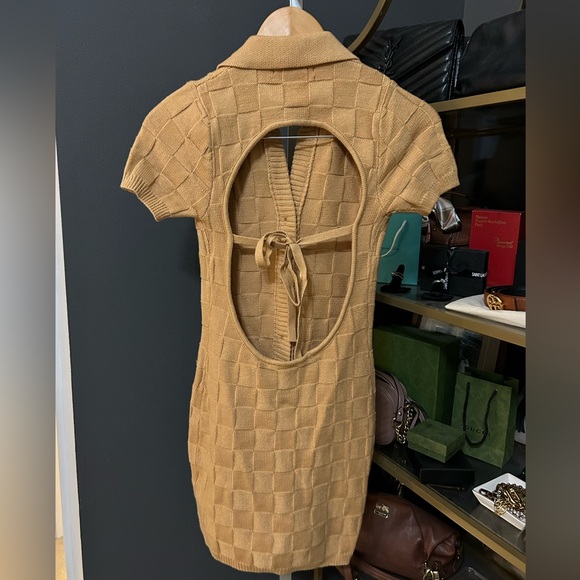 UO Gen Knit Collar Button Down Sweater Dress Bodycon Small Caramel short sleeve - Picture 4 of 5